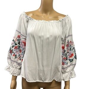 Sugar Lips White Embroidered Off Shoulder Peasant Style Top Blouse Womens Large